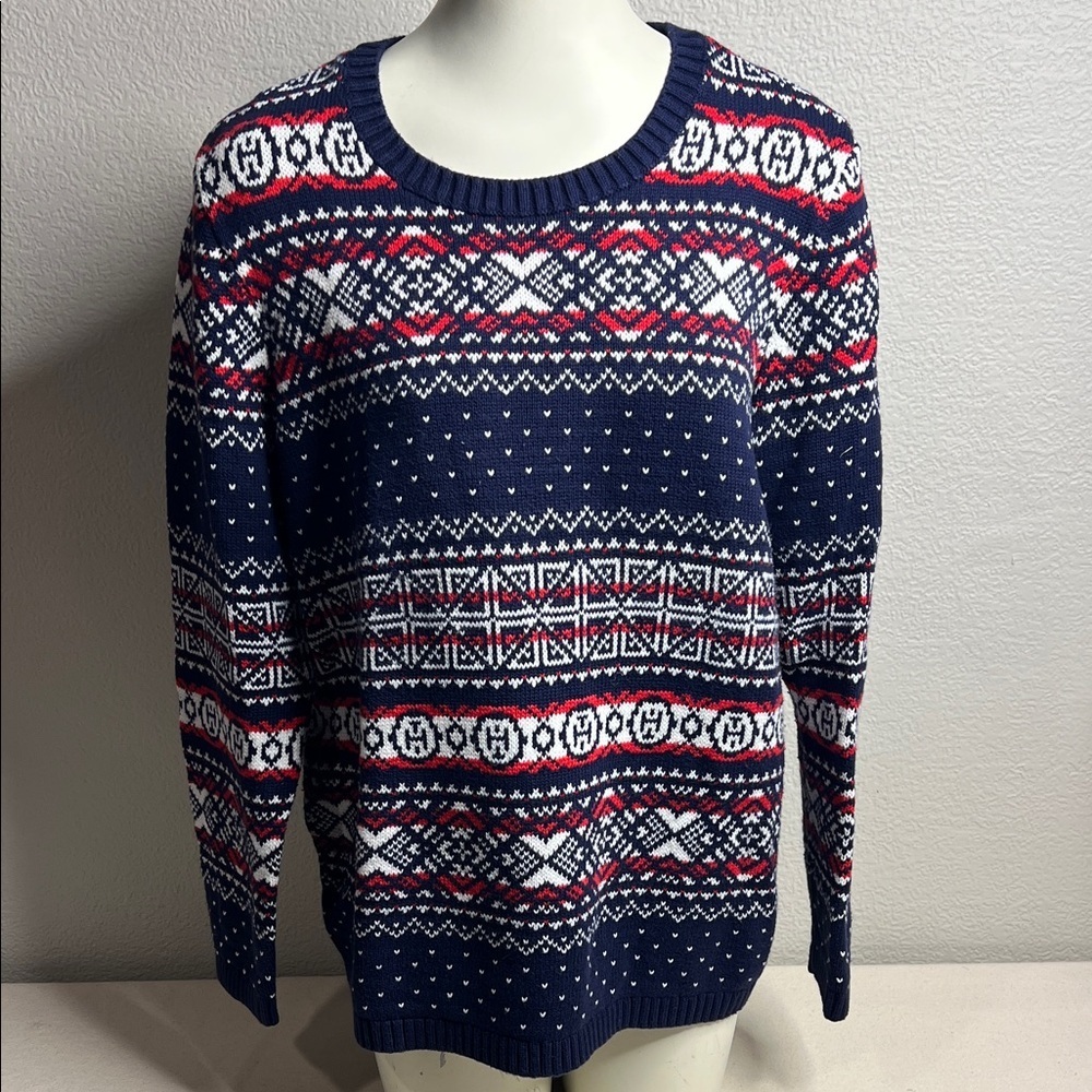 Tommy Hilfiger Fair Isle Knit Sweater XL Navy Red White Nordic Pattern Crewneck